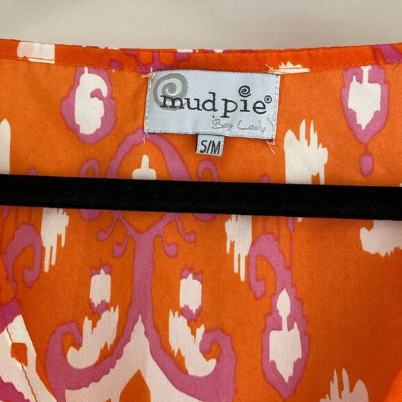 Mud Pie Orange & Pink Adjustable Swimsuit Coverup Size Small Pom Pom Medium - Picture 4 of 6